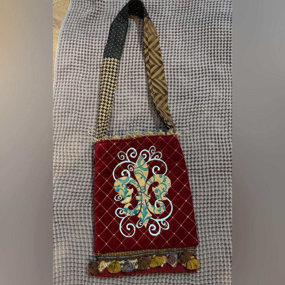 Keep It Gypsy Embroidered Red Velvet Crossbody Bag with Tassel Trim